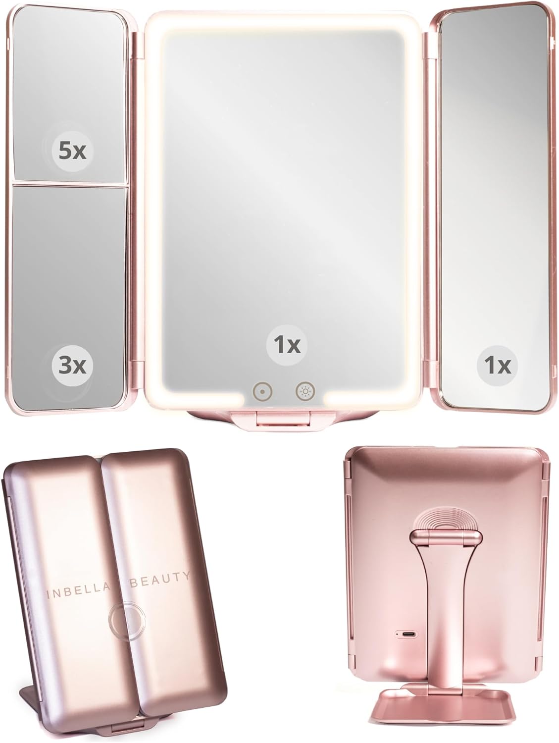 Makeup Mirror Vanity Mirror Lights 1X/3X/5X Magnification, Touch Control Design with Dimmable LED Lights with High Definition Lighting Modes, Makeup Mirror, Rechargeable Mirror, Gift. (Golden Rose)