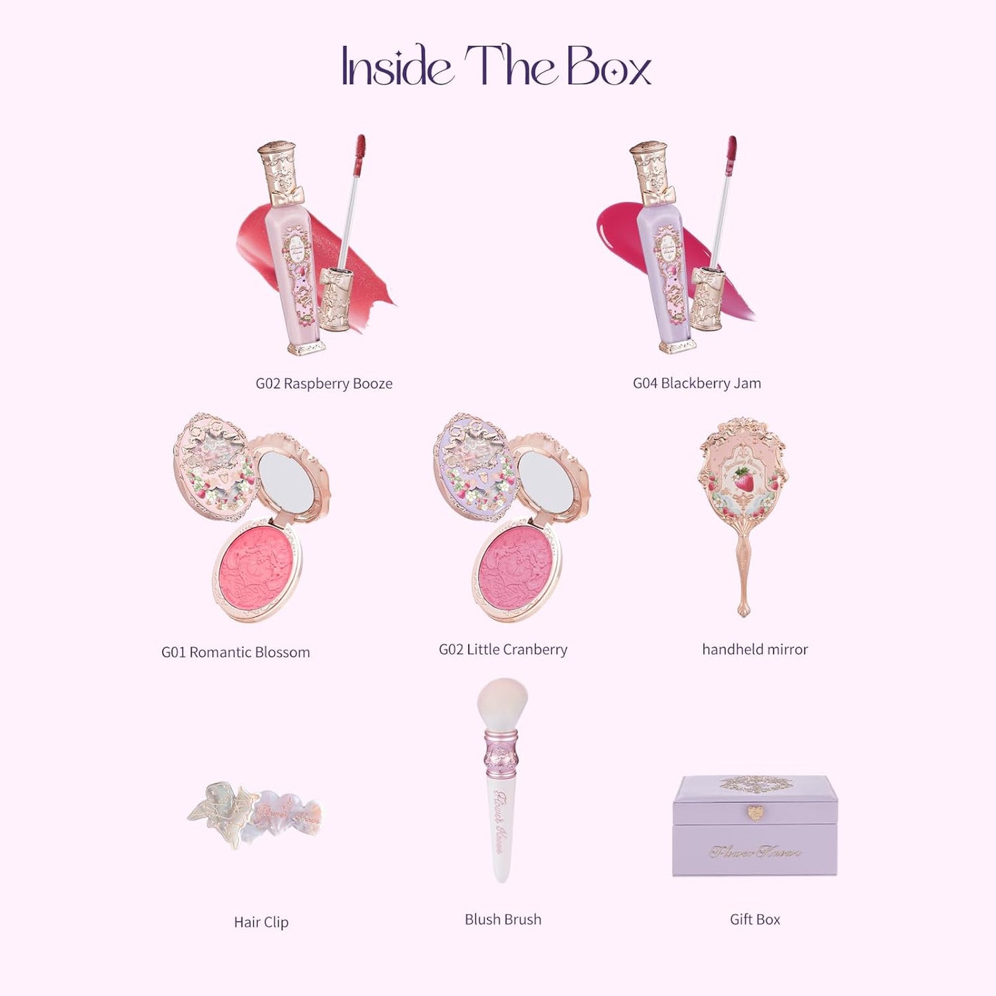 Flower Knows Violet Strawberry Rococo Makeup Box Set,8 Pack Makeup Box with Mirror,Lip Gloss×2+Blush×2+Blush Brush×1+Handheld mirror×1+Hair Clip×1+Gift Box×1