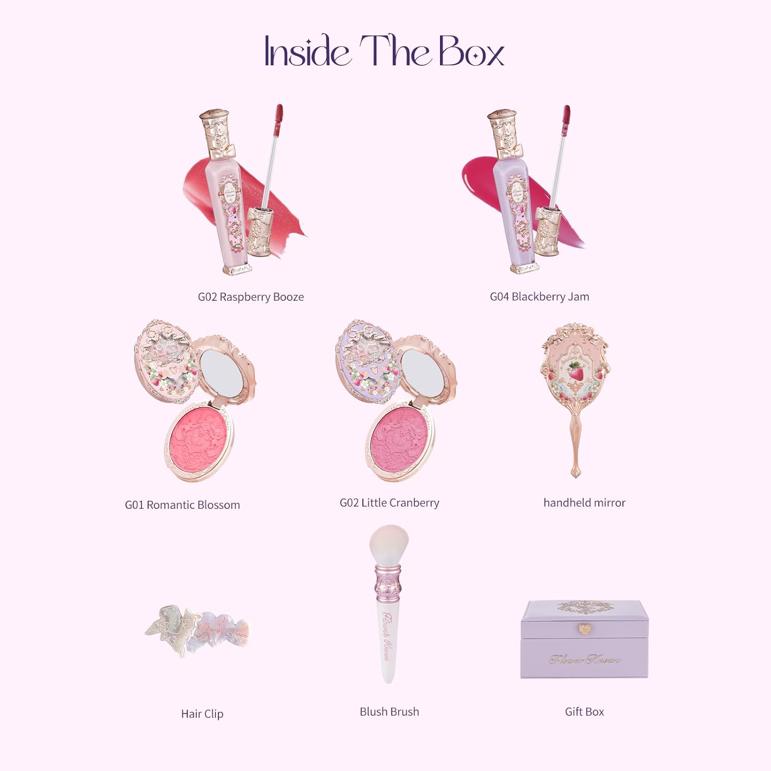 Flower Knows Violet Strawberry Rococo Makeup Box Set,8 Pack Makeup Box with Mirror,Lip Gloss×2+Blush×2+Blush Brush×1+Handheld mirror×1+Hair Clip×1+Gift Box×1