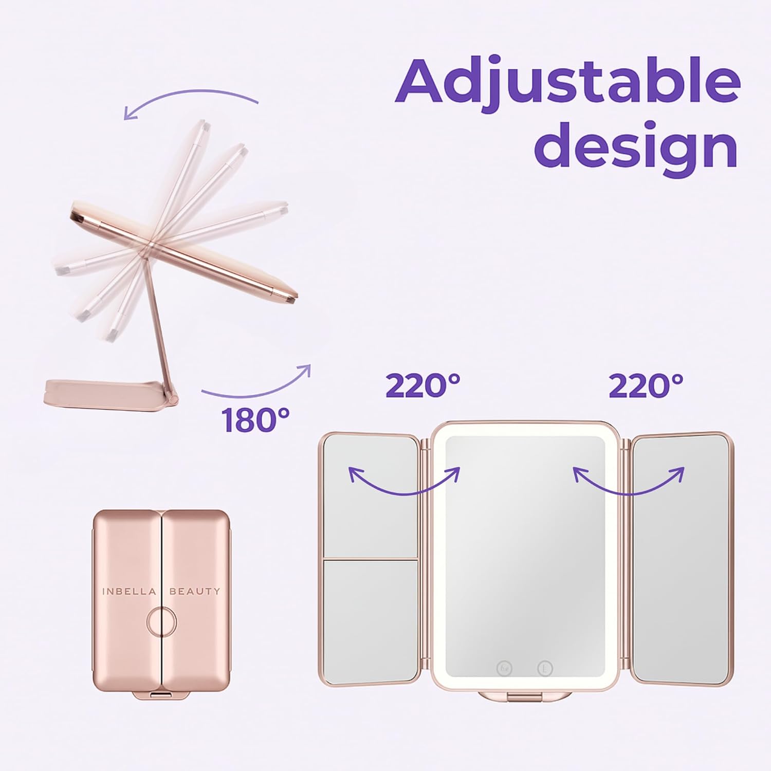 Makeup Mirror Vanity Mirror Lights 1X/3X/5X Magnification, Touch Control Design with Dimmable LED Lights with High Definition Lighting Modes, Makeup Mirror, Rechargeable Mirror, Gift. (Golden Rose)