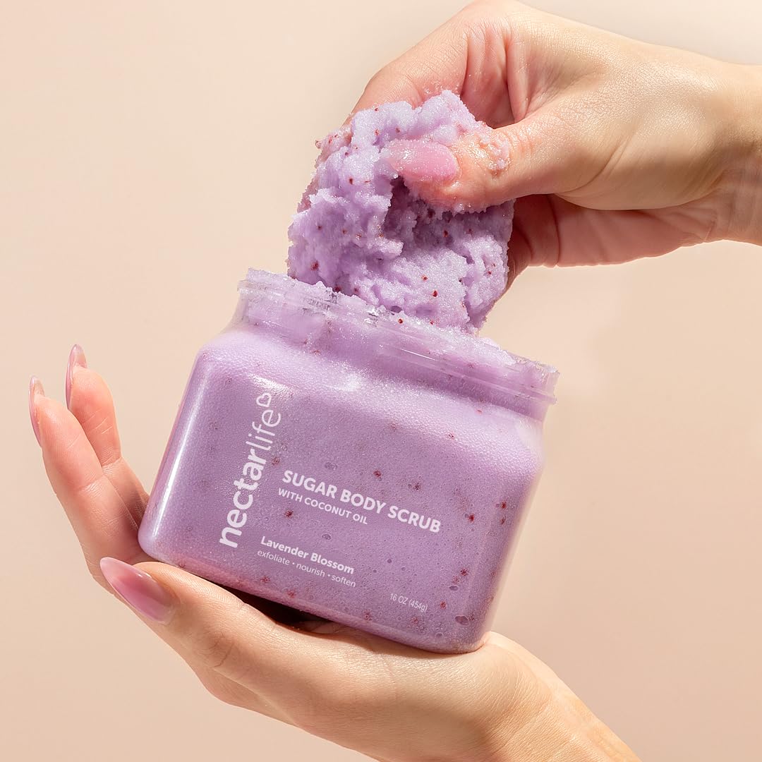 Nectar Life Exfoliating Sugar Scrub, Moisturizing Body Scrub with Coconut Oil & Shea Butter, Pre Shave Exfoliator (16 Ounce, Lavender)