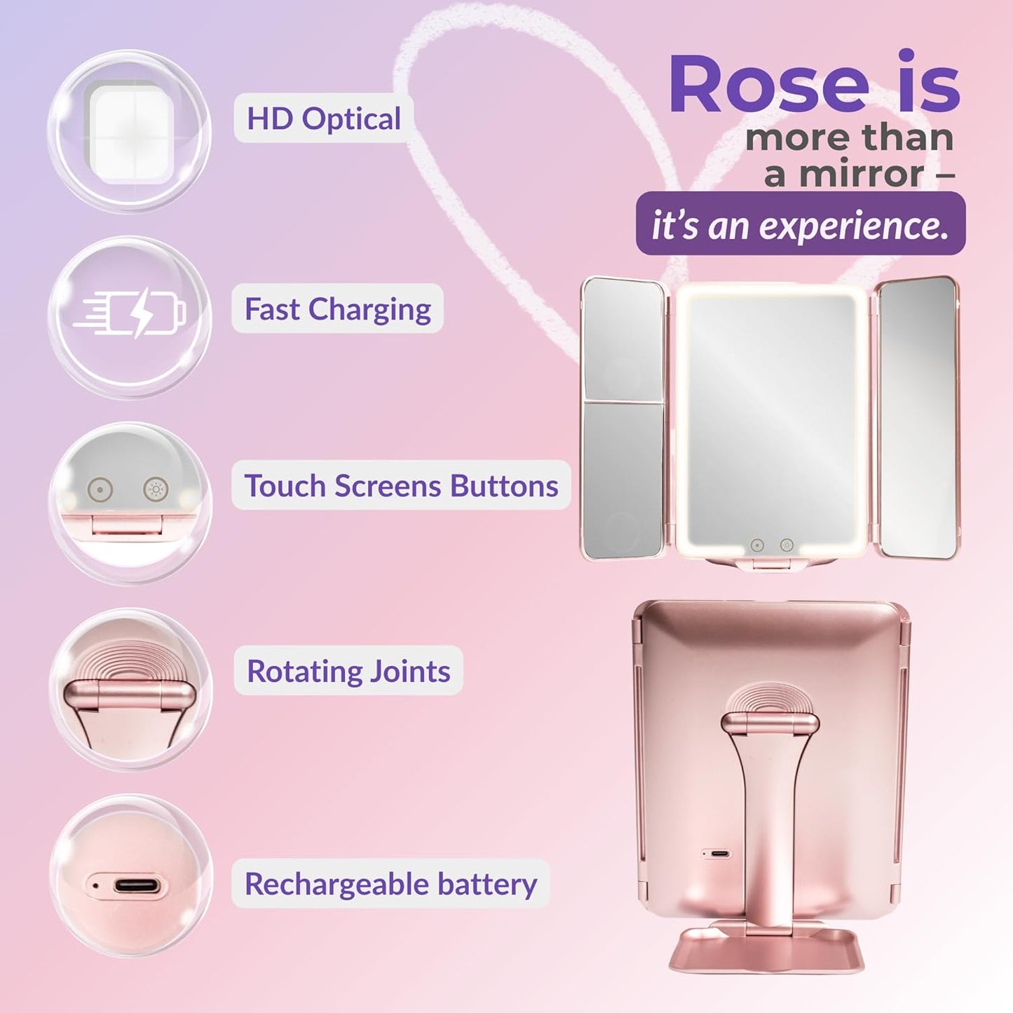 Makeup Mirror Vanity Mirror Lights 1X/3X/5X Magnification, Touch Control Design with Dimmable LED Lights with High Definition Lighting Modes, Makeup Mirror, Rechargeable Mirror, Gift. (Golden Rose)