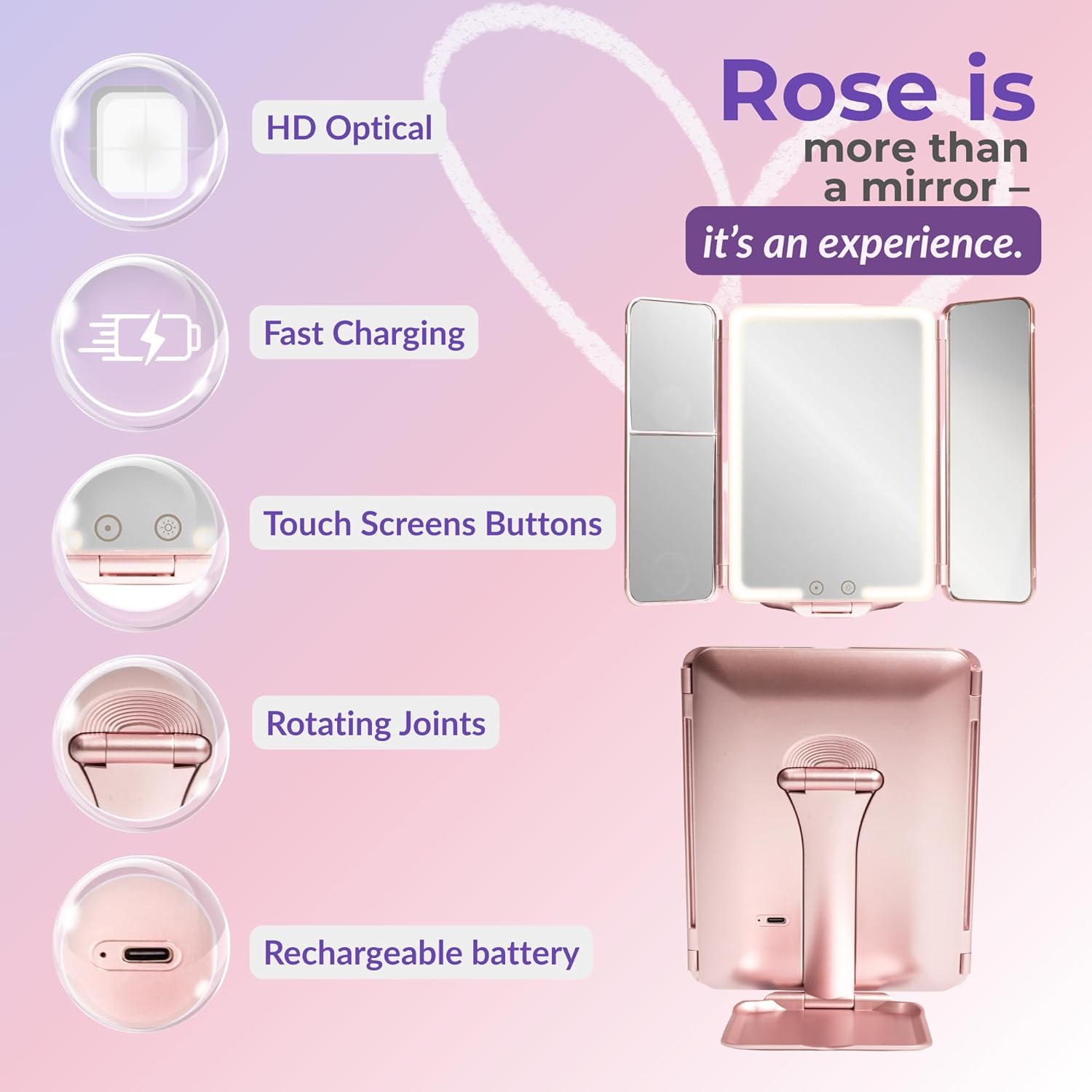 Makeup Mirror Vanity Mirror Lights 1X/3X/5X Magnification, Touch Control Design with Dimmable LED Lights with High Definition Lighting Modes, Makeup Mirror, Rechargeable Mirror, Gift. (Golden Rose)