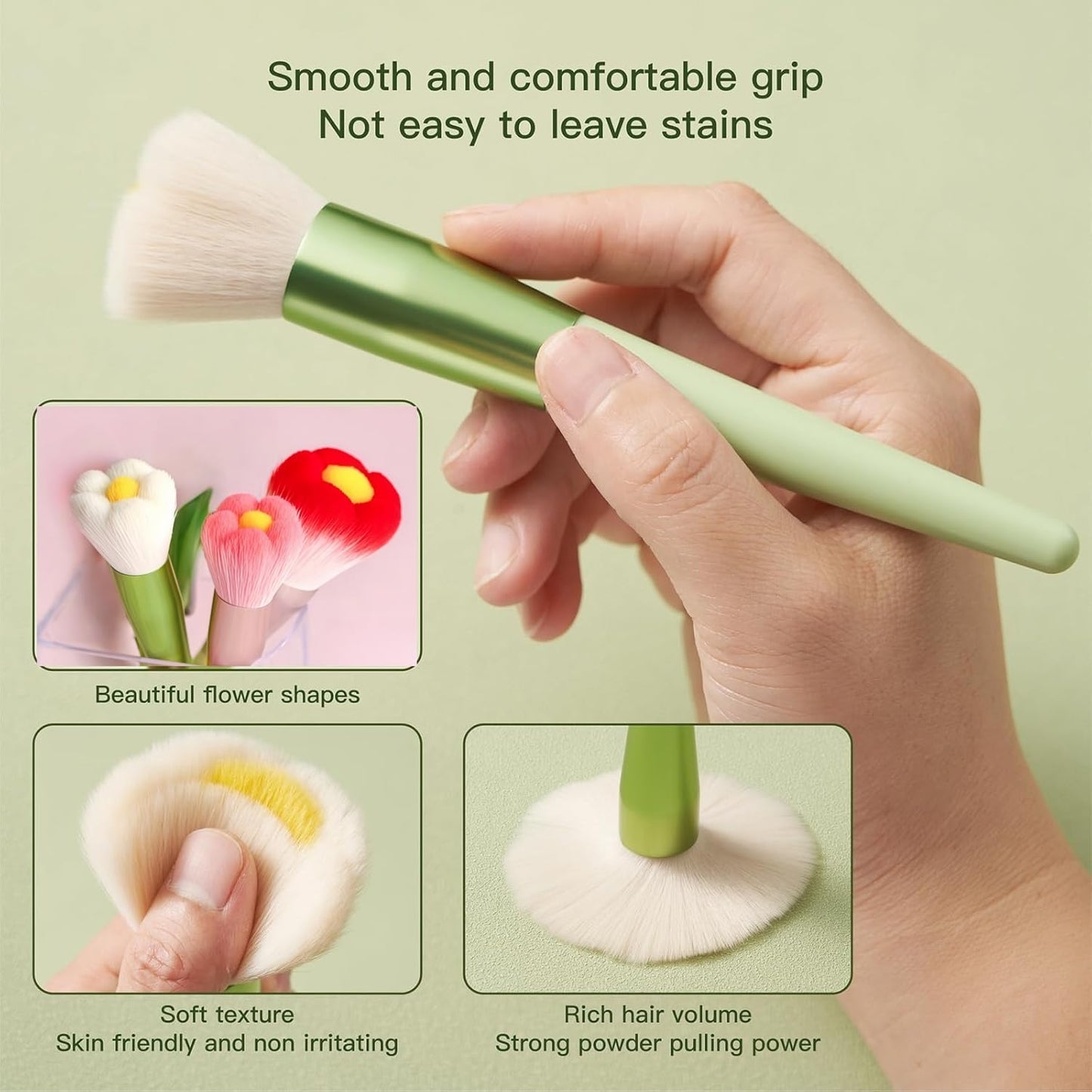 Beautiful Makeup Brush Set for Girls, 10pcs Real Fan Cute Daisy Flower Green Makeup Brush Brushes Set of Powder Blush Eye Shadow Brush for Teens Women