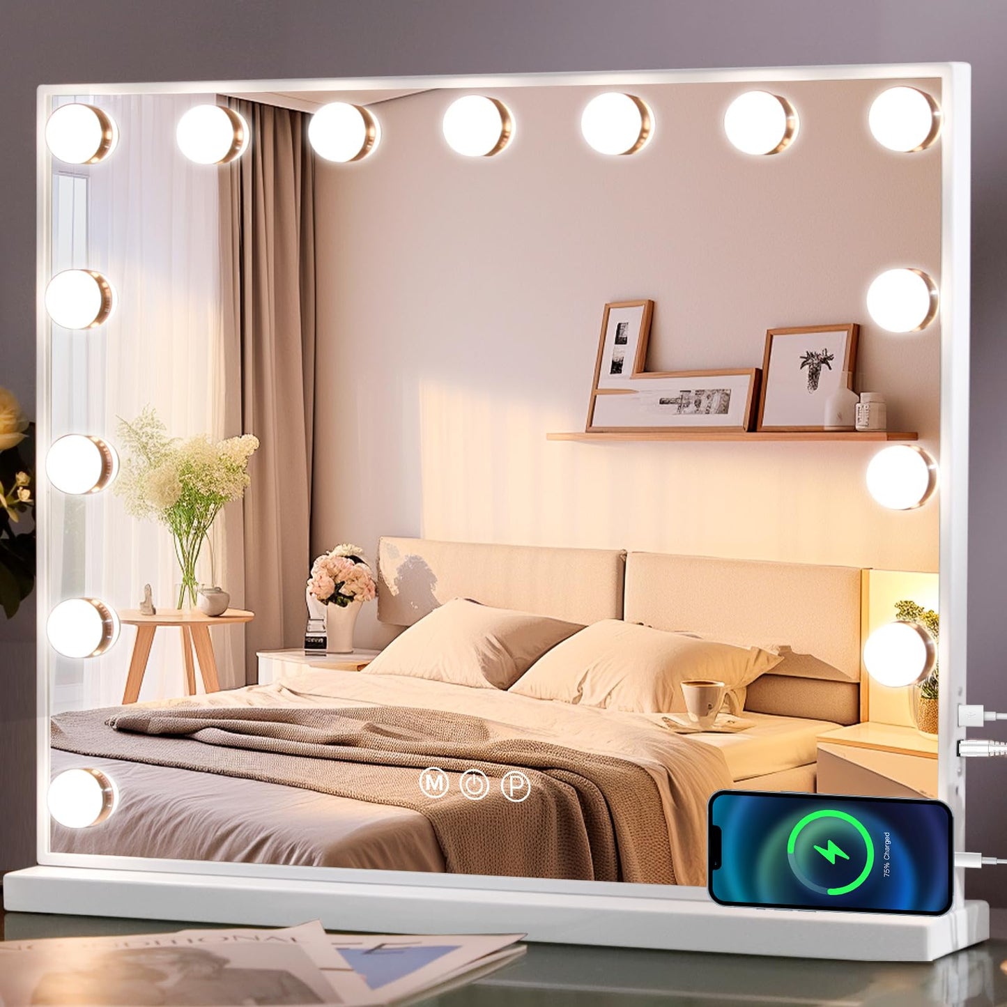 MISAVANITY Large Vanity Makeup Mirror with Lights 23"X18" Lighted Hollywood Mirror with 10X Magnification and USB Charger for Bedroom Dressing Room Tabletop 15 Dimmable LED Lights 360 Degree Rotating