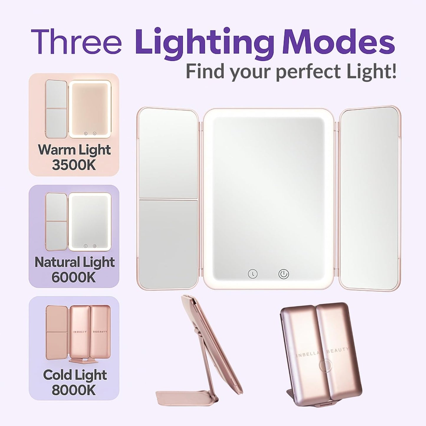 Makeup Mirror Vanity Mirror Lights 1X/3X/5X Magnification, Touch Control Design with Dimmable LED Lights with High Definition Lighting Modes, Makeup Mirror, Rechargeable Mirror, Gift. (Golden Rose)