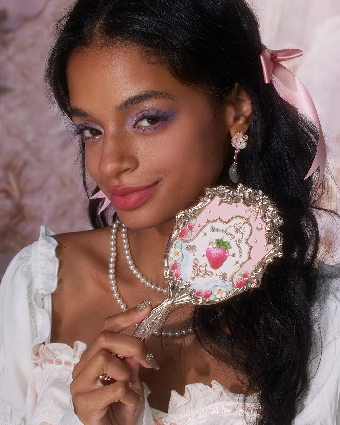Flower Knows Violet Strawberry Rococo Makeup Box Set,8 Pack Makeup Box with Mirror,Lip Gloss×2+Blush×2+Blush Brush×1+Handheld mirror×1+Hair Clip×1+Gift Box×1