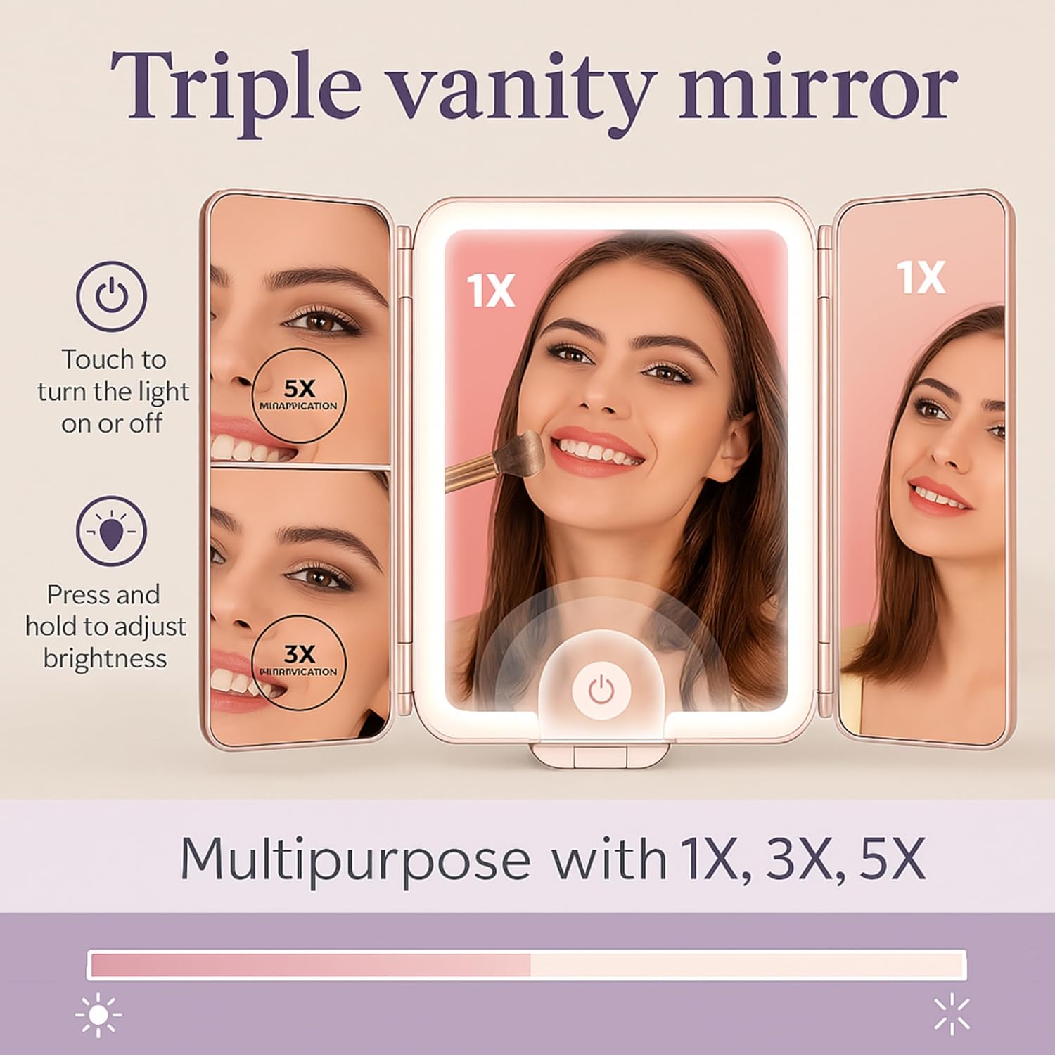 Makeup Mirror Vanity Mirror Lights 1X/3X/5X Magnification, Touch Control Design with Dimmable LED Lights with High Definition Lighting Modes, Makeup Mirror, Rechargeable Mirror, Gift. (Golden Rose)