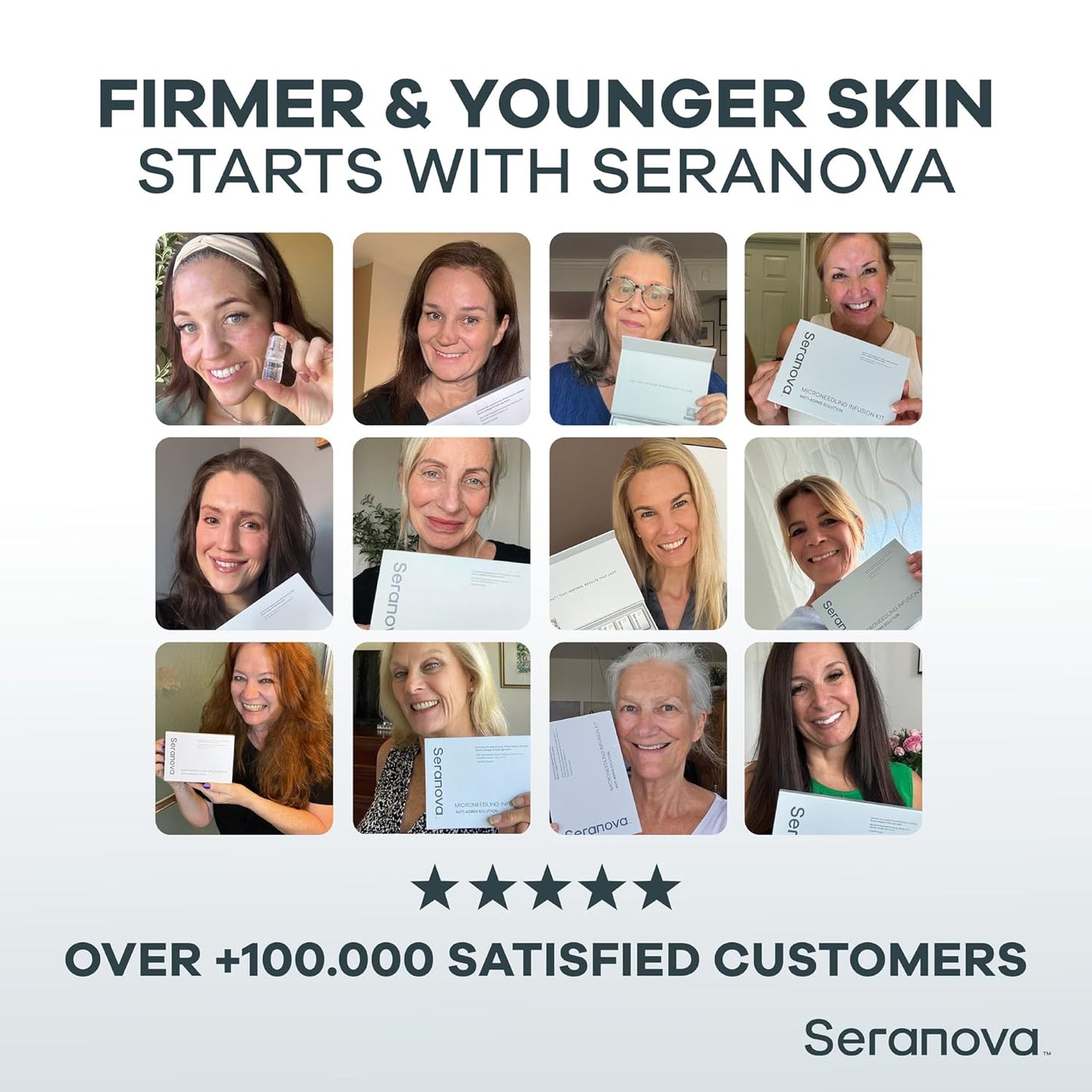 Seranova Micro Infusion System for Face & Neck 0.05mm Stamp with Hyaluronic Acid & Collagen Peptide Serum for Firmer Smoother-Looking Skin, Easy 5-Minute At-Home Skin Care Application - 3 Month Supply