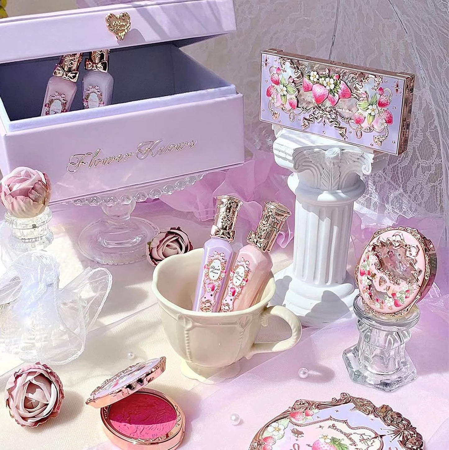 Flower Knows Violet Strawberry Rococo Makeup Box Set,8 Pack Makeup Box with Mirror,Lip Gloss×2+Blush×2+Blush Brush×1+Handheld mirror×1+Hair Clip×1+Gift Box×1
