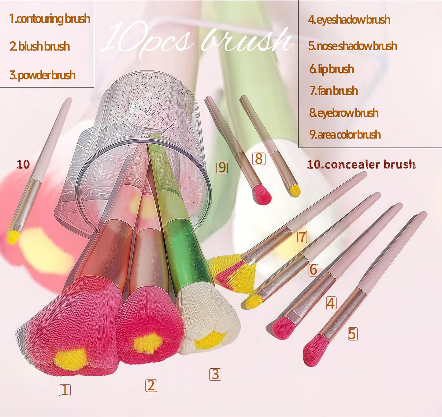 Beautiful Makeup Brush Set for Girls, 10pcs Real Fan Cute Daisy Flower Green Makeup Brush Brushes Set of Powder Blush Eye Shadow Brush for Teens Women