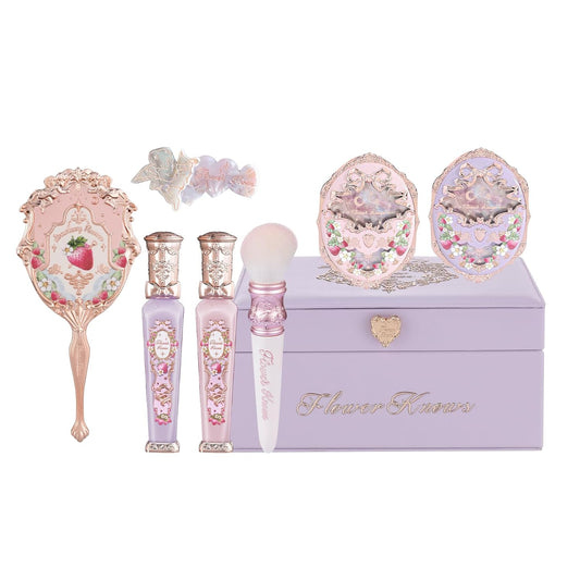 Flower Knows Violet Strawberry Rococo Makeup Box Set,8 Pack Makeup Box with Mirror,Lip Gloss×2+Blush×2+Blush Brush×1+Handheld mirror×1+Hair Clip×1+Gift Box×1