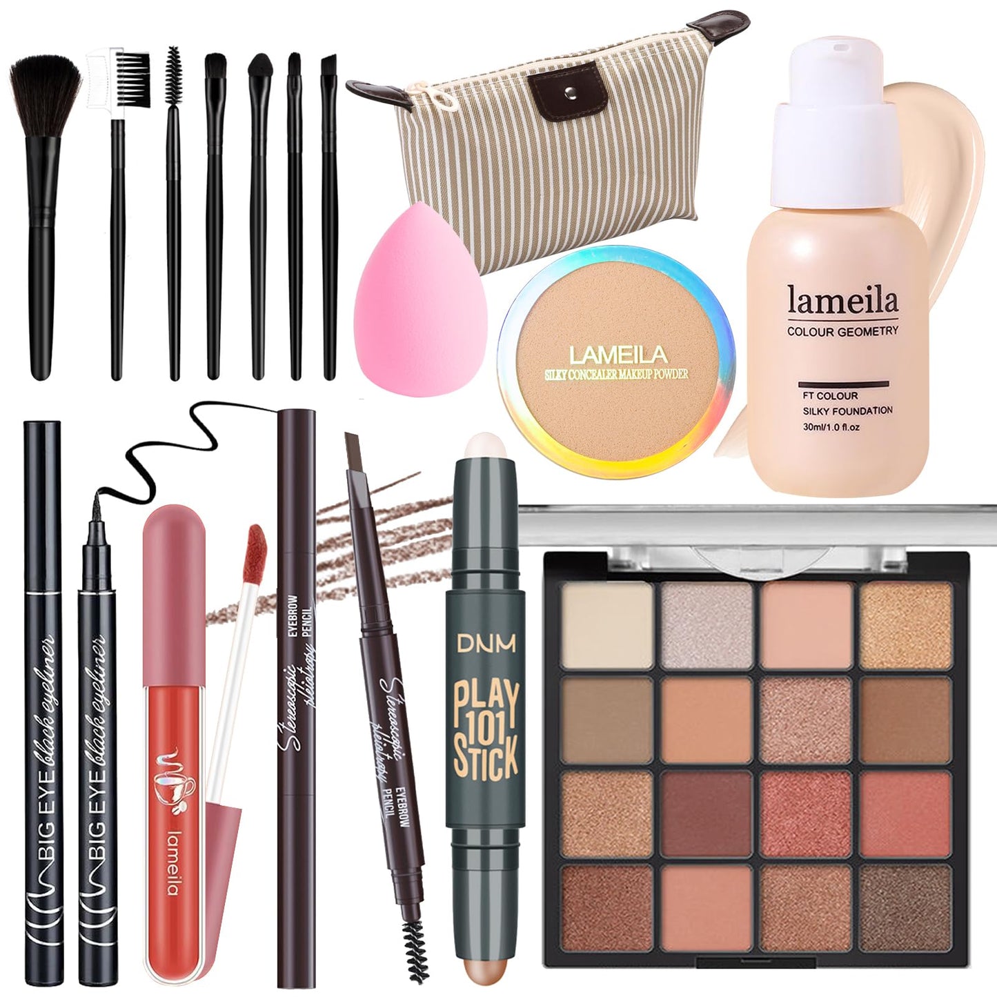 Makeup Set Full Kit for Girls Teens Women, Makeup Present Set, Includes Eyeshadow, Foundation, Blusher, Eyebrow Pencil, Mascara, Eyeliner, Brushes, Lip Gloss, Sponge, Cosmetic Bag