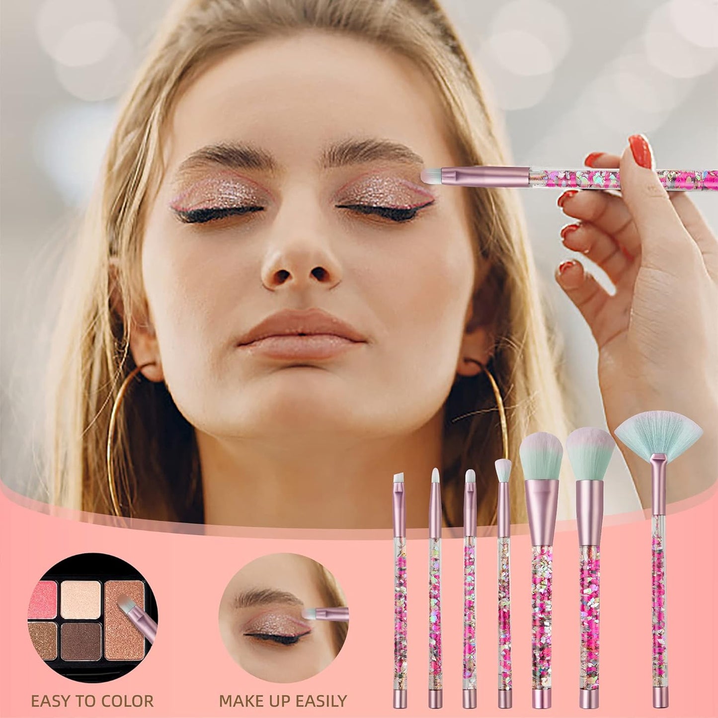 Makeup Brush Set Pink Glitter,Unicorn Foundation Sparkles Cute Fan Powder Blush Lip Highlight Eye shadow Eyebrow Makeup Brushes Set with Liquid and Case for Girls Teen Kids Gift Present