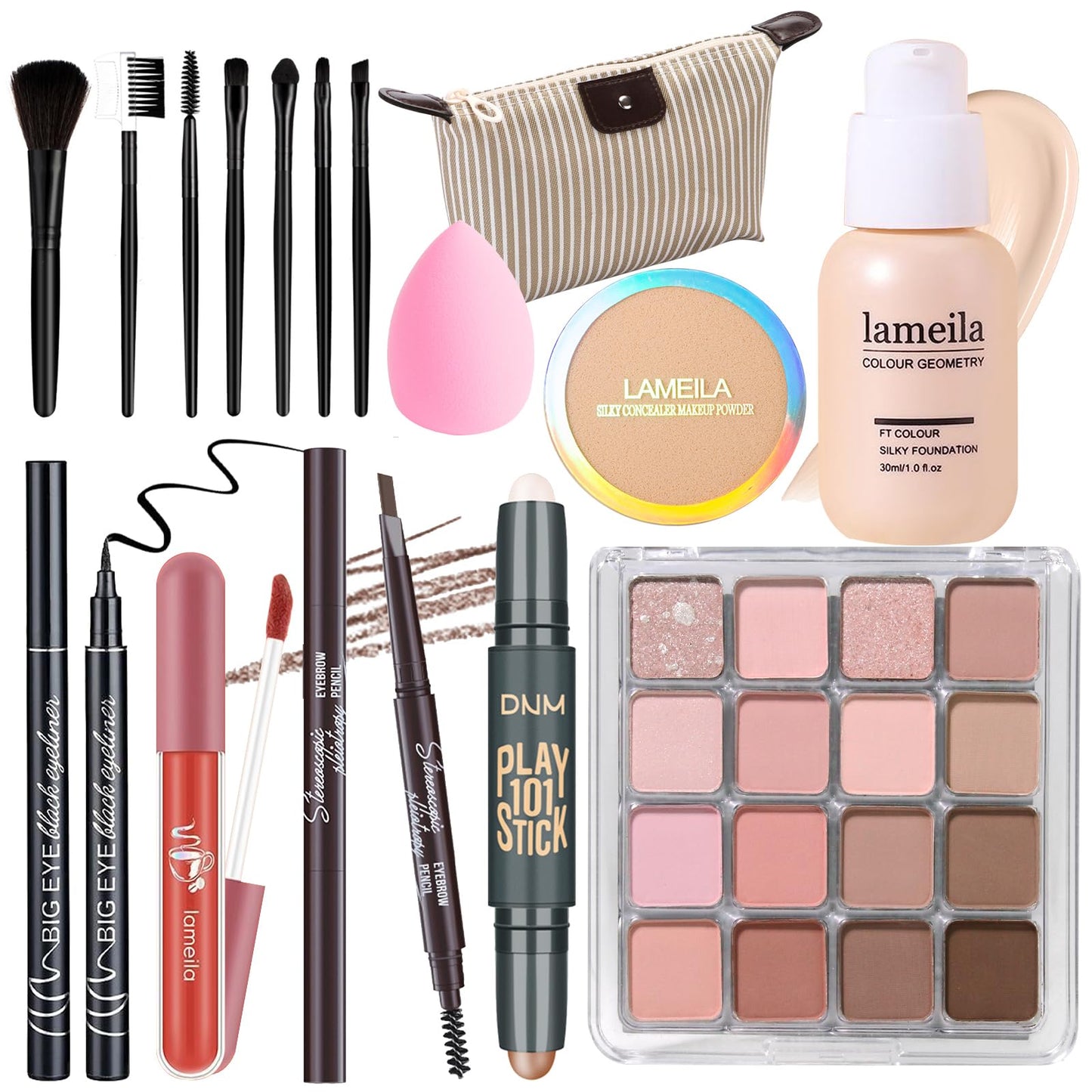 Makeup Set Full Kit for Girls Teens Women, Makeup Present Set, Includes Eyeshadow, Foundation, Blusher, Eyebrow Pencil, Mascara, Eyeliner, Brushes, Lip Gloss, Sponge, Cosmetic Bag