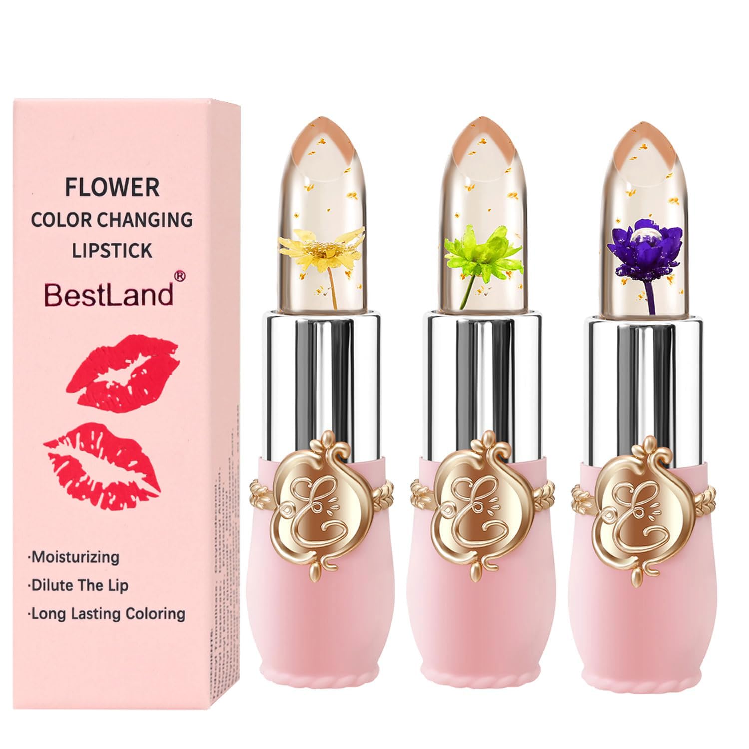 3 Pcs/Set Flower Jelly Lipstick Set Temperature Change Moisturizer Long Lasting Nutritious Balm Magic Color Change Lip Gloss (3Pcs Flower Jelly Lipstick 010203)