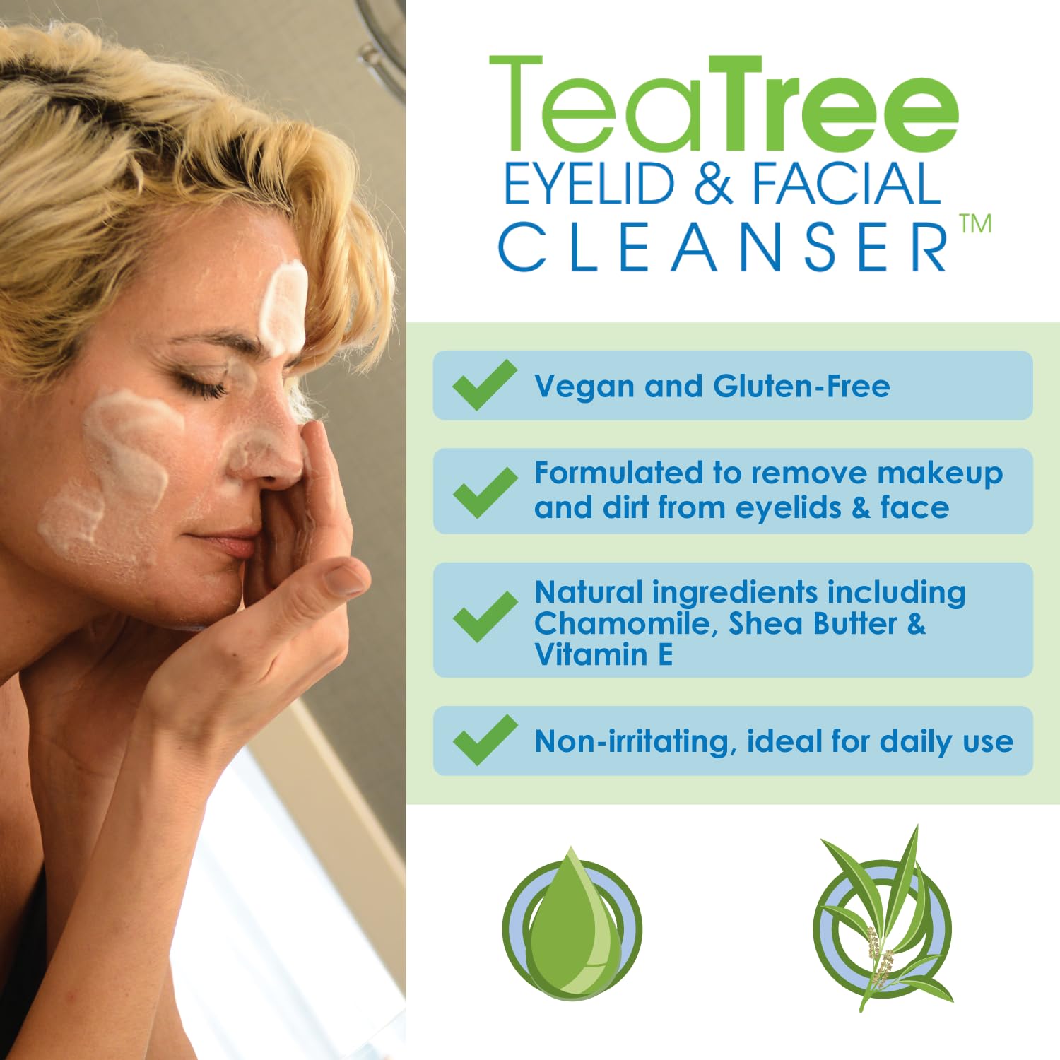 Gentle Tea Tree Oil Foaming Facial Cleanser – 6oz – Non-Irritating Eyelid Cleanser & Face Wash with Tea Tree, Chamomile & Shea Butter​